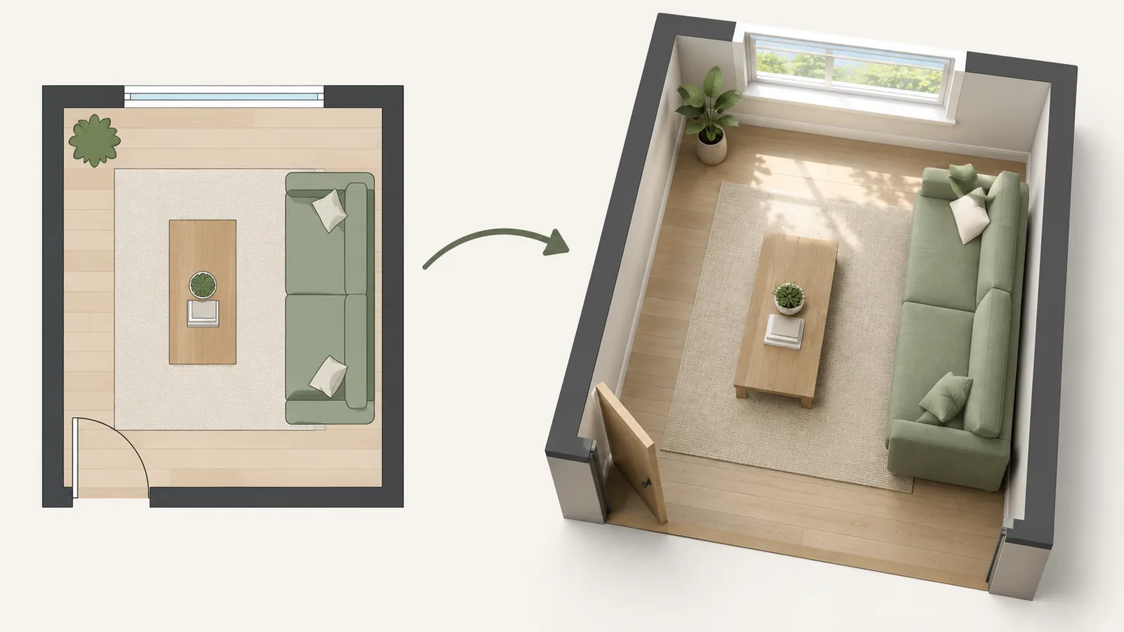 Illustration of a 2D floor plan of a living room on the left turning into a furnished 3D room view on the right, with an arrow between them