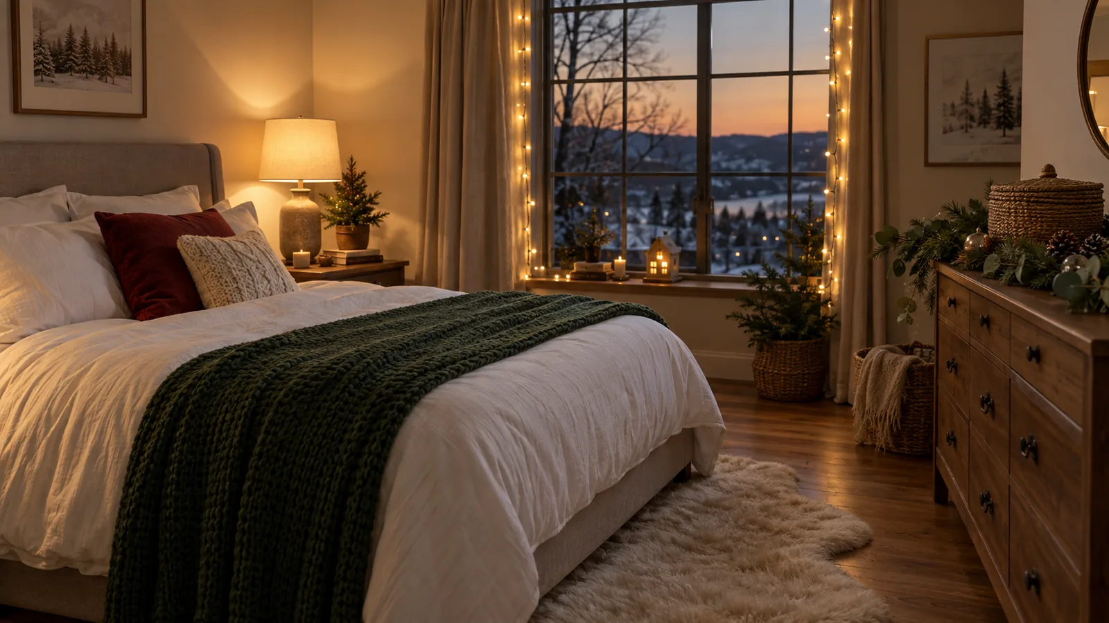 Bedroom decorated for Christmas with white bedding, a dark green knit throw, red and cream cushions, and warm string lights around the window