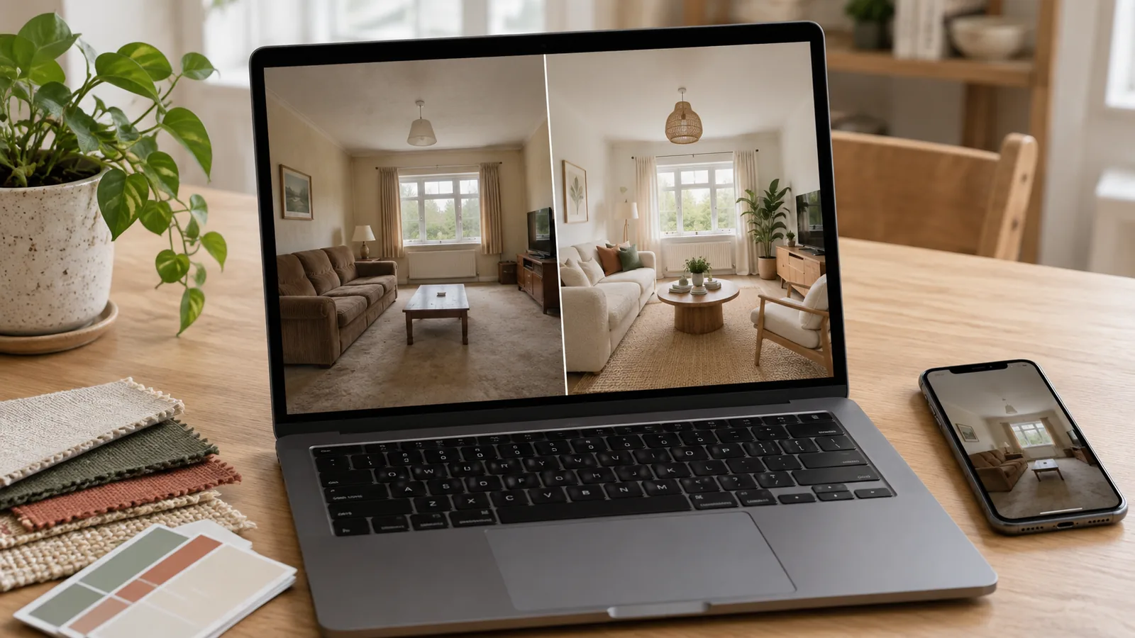 Laptop showing a before-and-after AI redesign of the same living room, beside a phone, fabric swatches, and paint chips