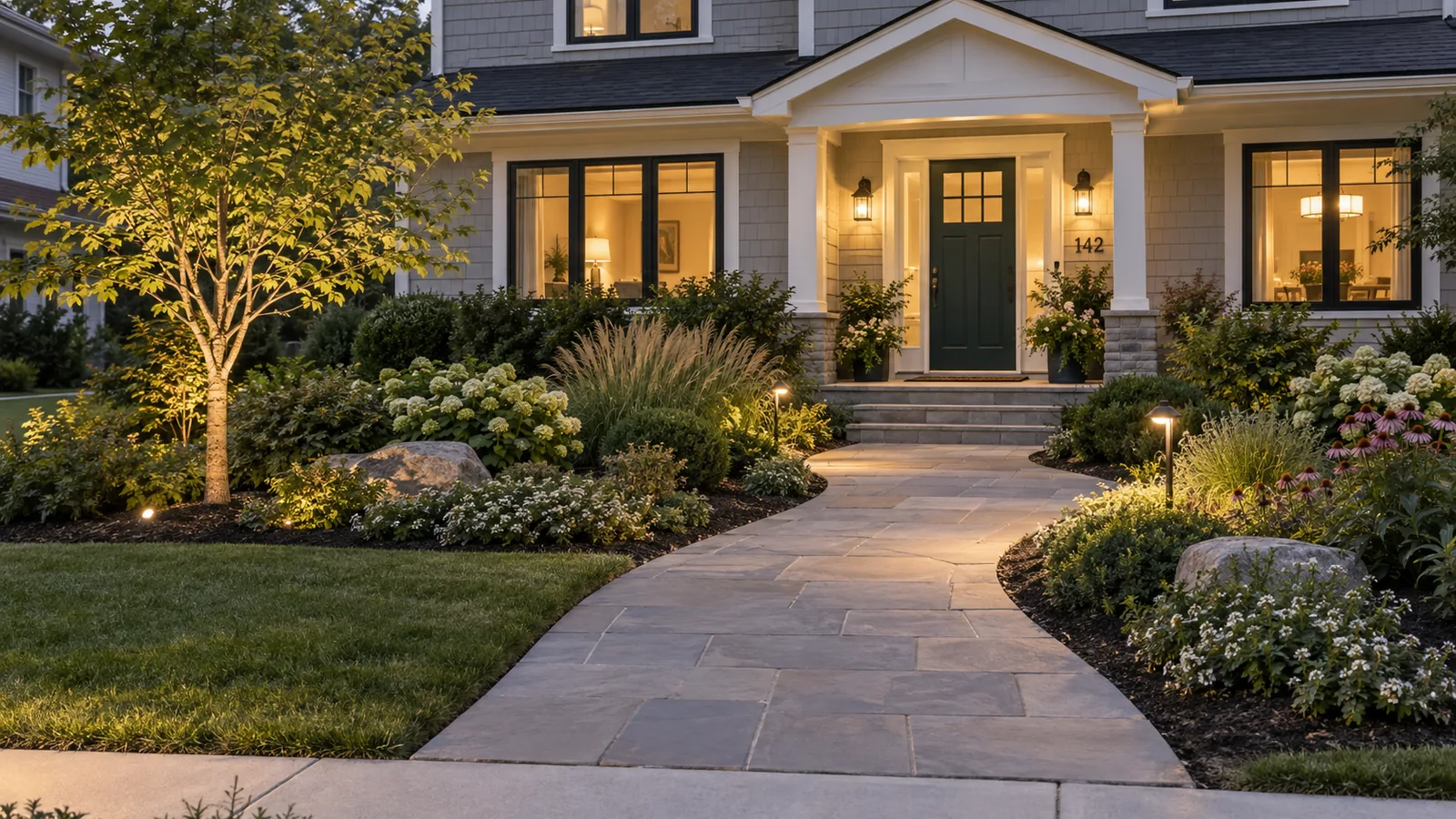 Front yard at dusk with a wide stone path curving to a green front door, layered planting beds, mulch, and warm path lights