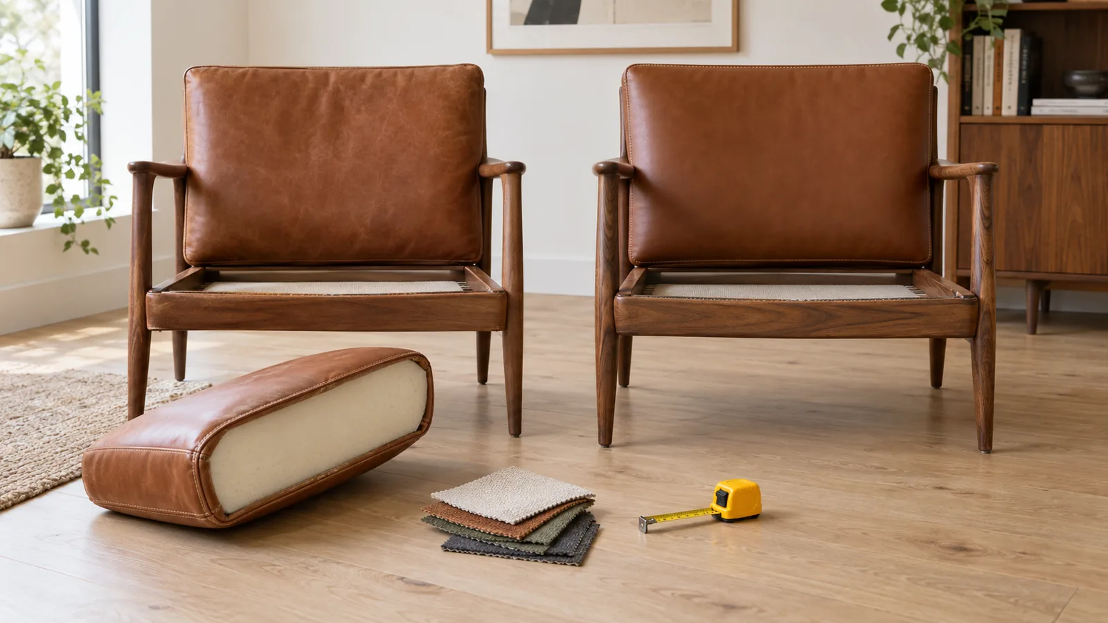 Two similar mid-century lounge chairs in cognac leather, with a cushion turned to show its foam core, fabric swatches, and a tape measure