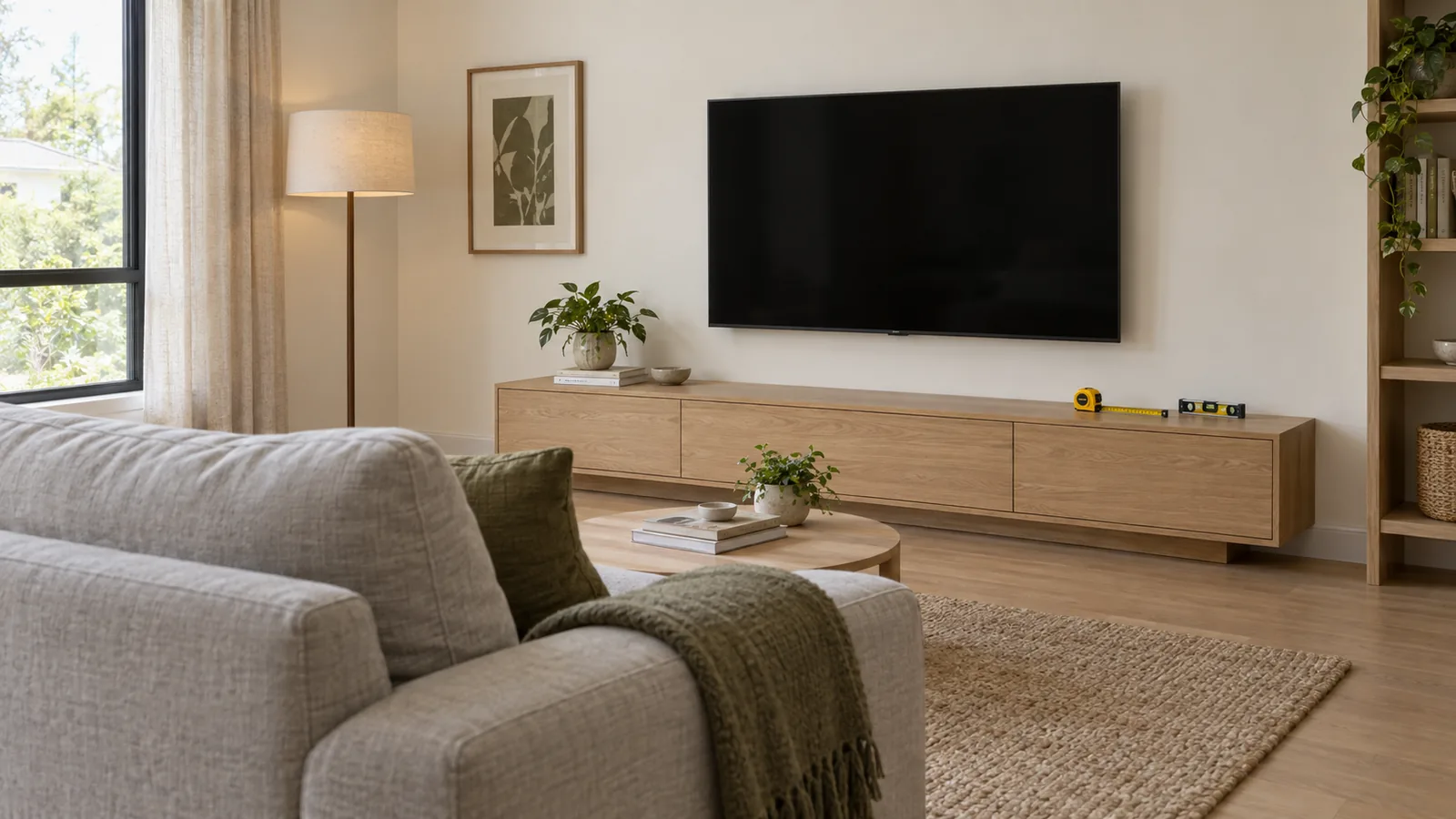 Living room with a wall-mounted TV at seated eye level above a low oak media console, with a tape measure and level on top
