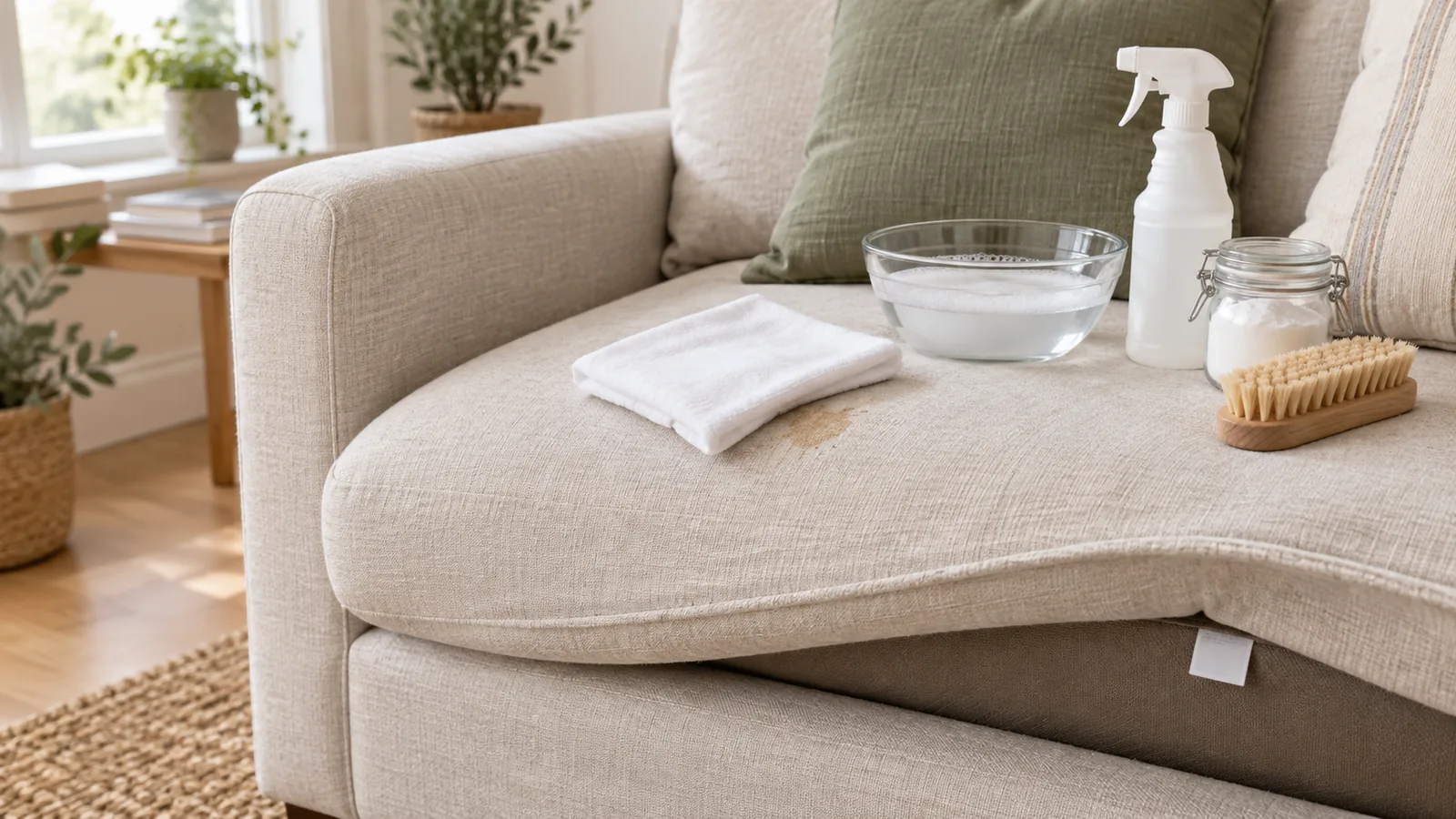 Light linen sofa with a small coffee stain, a white cloth, a bowl of soapy water, a spray bottle, baking soda, and an upholstery brush