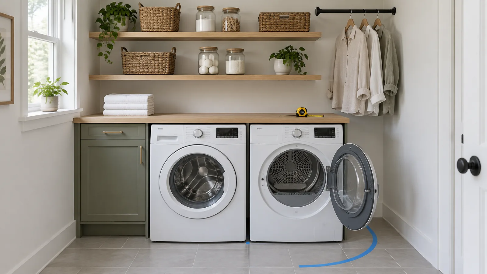 Laundry room with a side-by-side front-load washer and dryer under an oak counter, open shelves, a hanging rod, and tape marking the dryer door swing