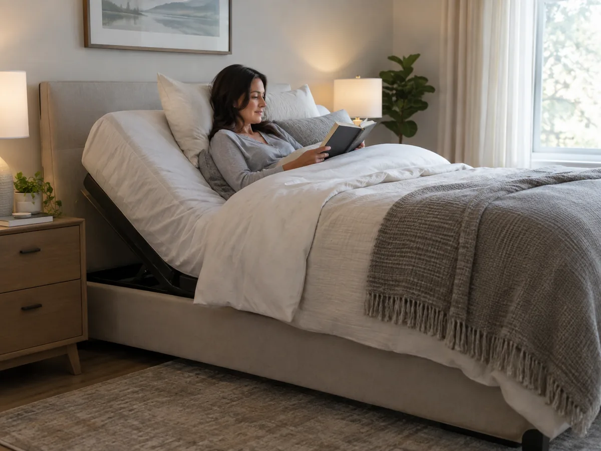 Adjustable bed base with the head section raised and a person reading
