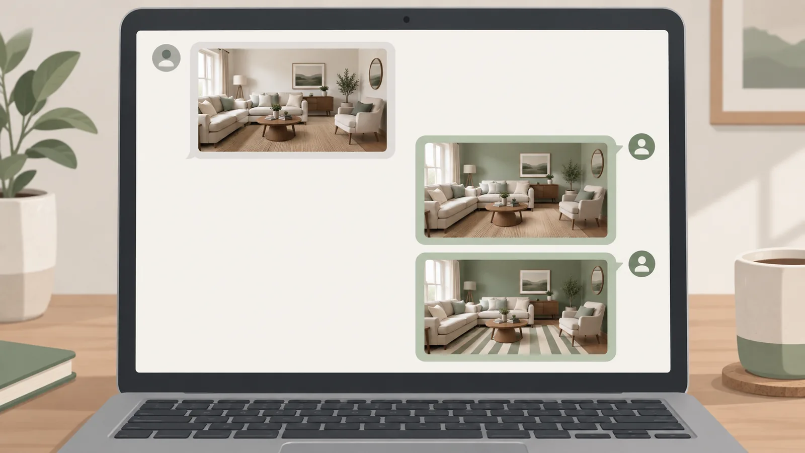 Illustration of a laptop chat conversation showing a living room photo and two edited versions of the same room