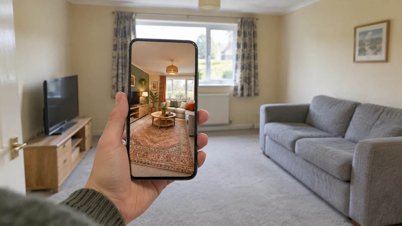 Hand holding a phone up in a plain beige living room, the screen showing the same room restyled with a patterned rug, warm lighting, and new decor