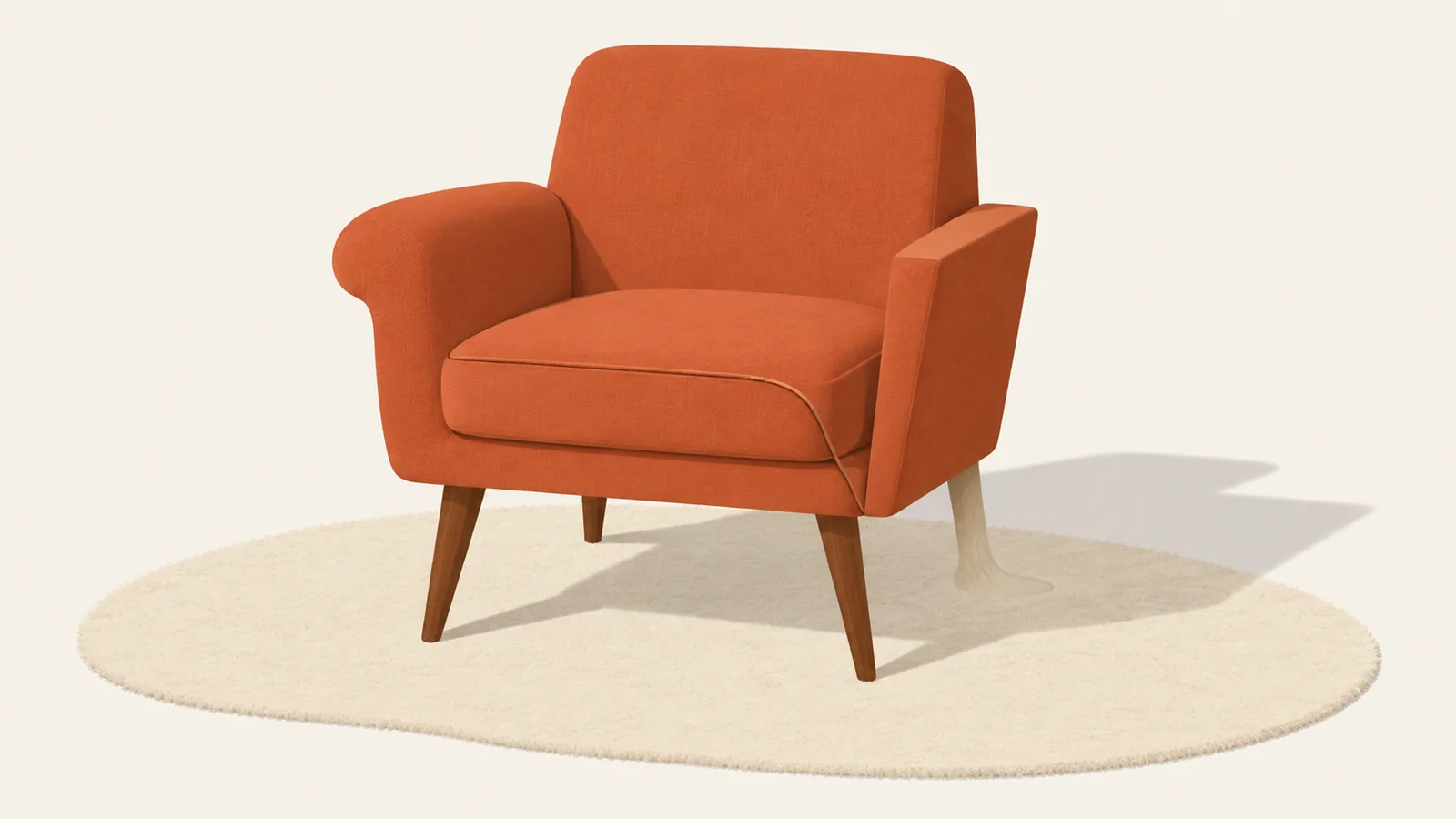 Illustration of an armchair with typical AI image errors: one leg merging into the rug, mismatched arms, and a cushion seam that wanders off the edge