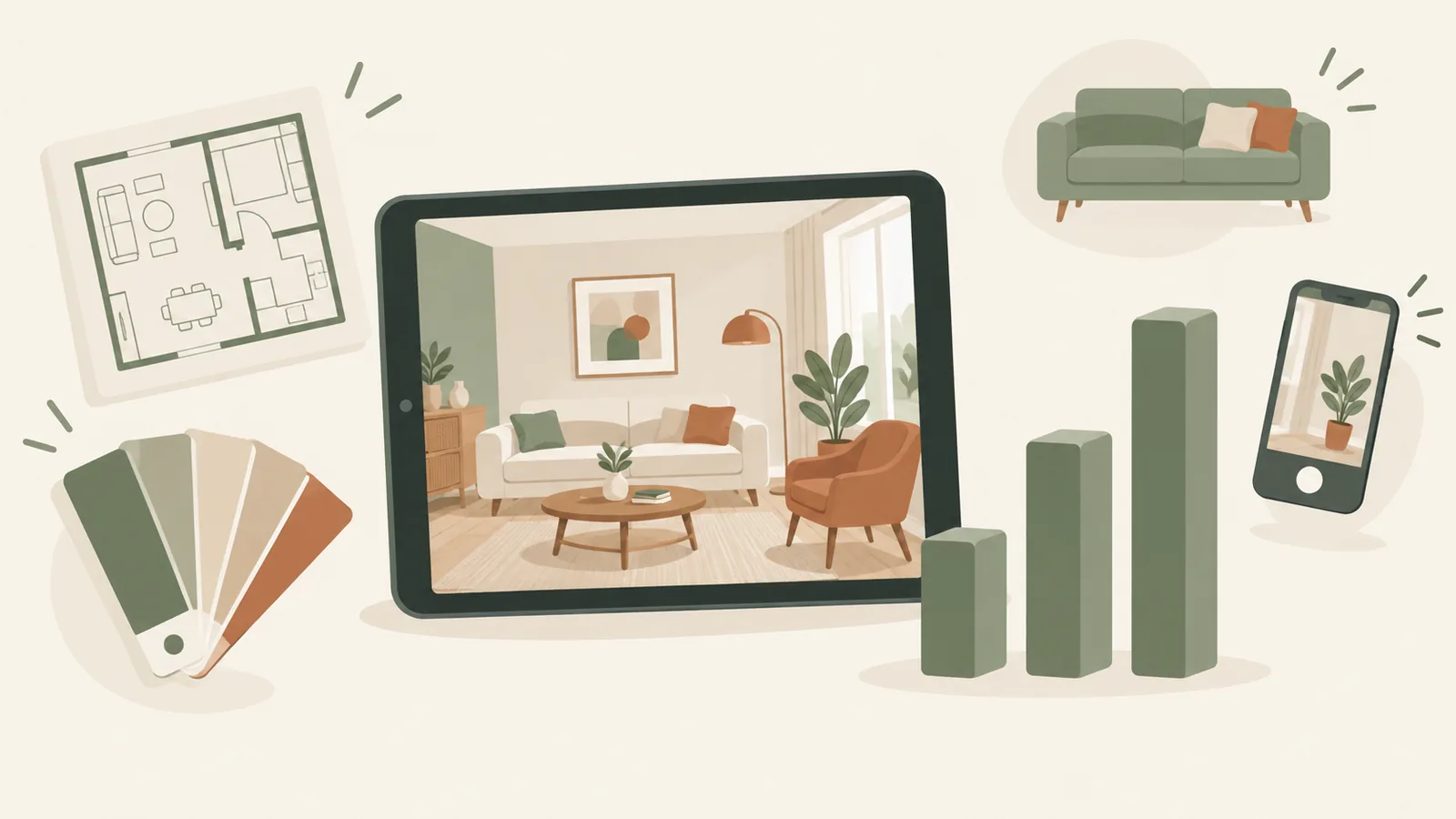 Illustration of a tablet showing a living room design beside three rising green bars, with a floor plan, paint swatches, a sofa, and a phone around it