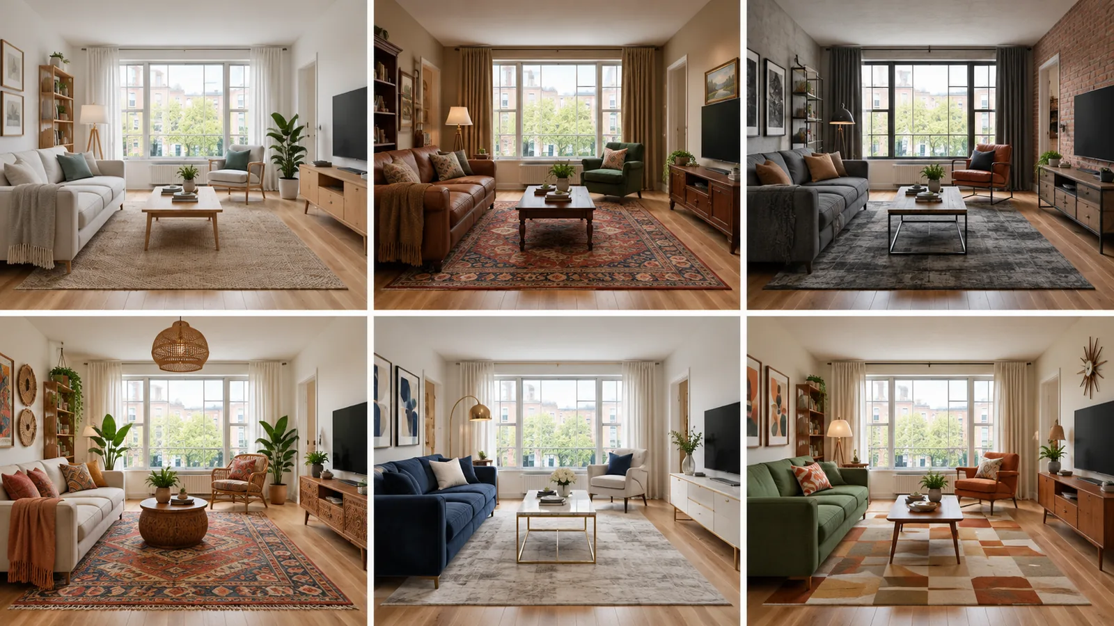 The same living room shown in six interior styles ranging from pale Scandinavian to dark industrial and colourful bohemian