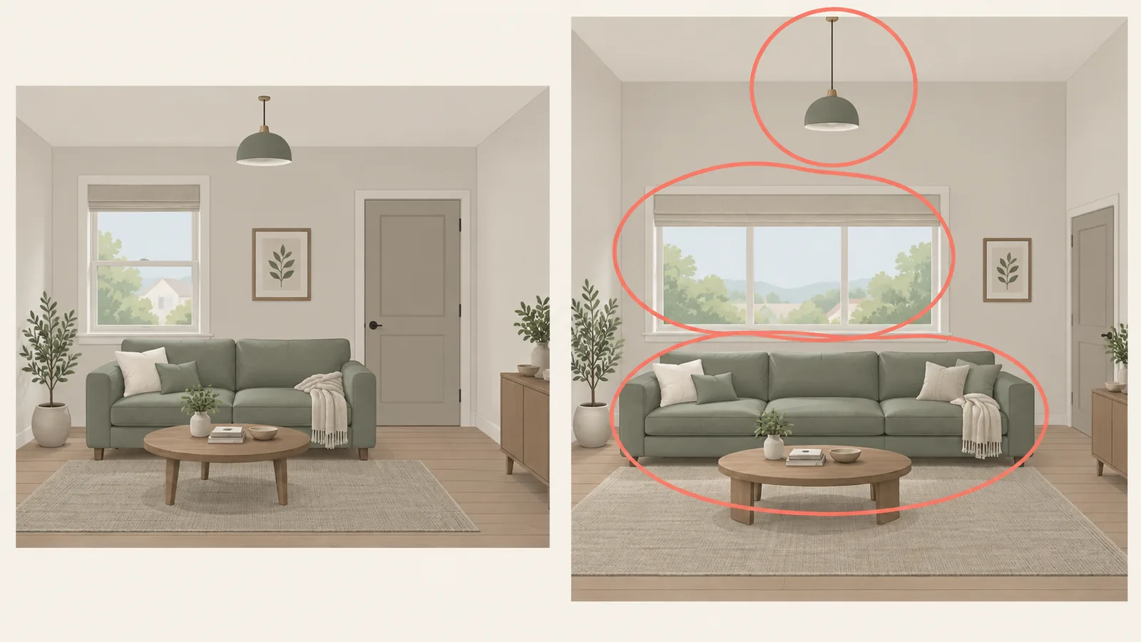 Side by side comparison of an original room photo and an AI edit, with coral circles marking a changed pendant light, a wider window, and a larger sofa