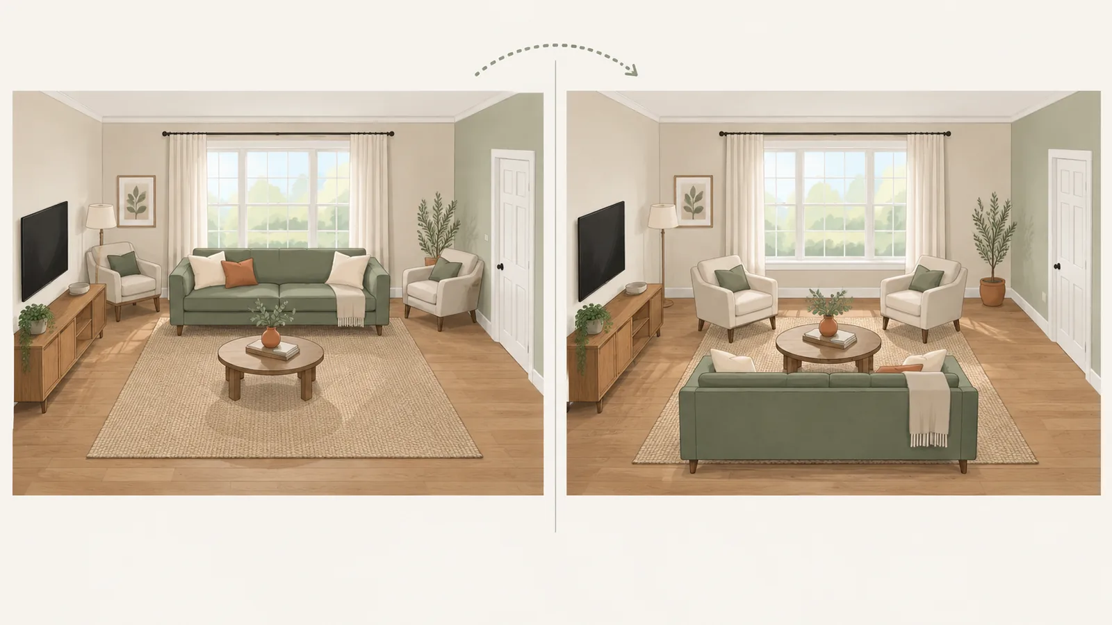 Illustration of the same living room twice: on the left the sofa sits under the window, on the right the same sofa, armchairs, and coffee table are rearranged into a group in the middle of the room