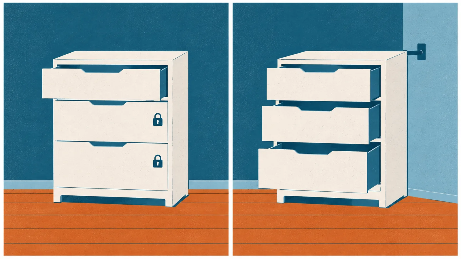 Conceptual two-panel illustration of a drawer interlock: one drawer open before anchoring, and three partly open after a symbolic wall connection is added