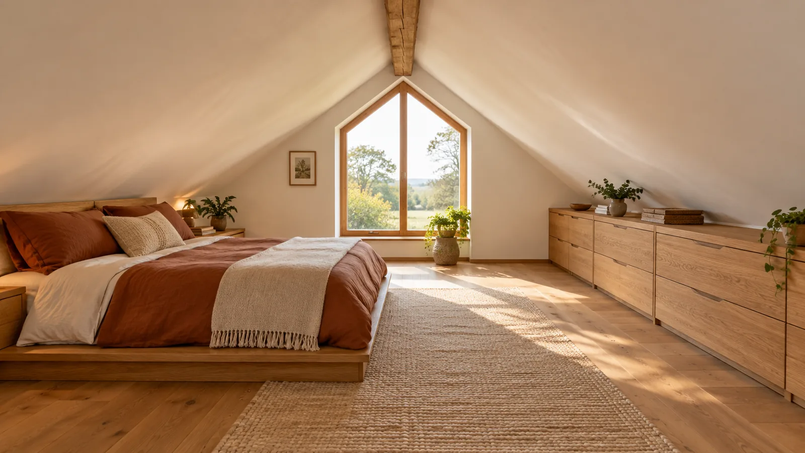 Attic bedroom with a sloped white ceiling, a low platform bed with its headboard under the slope, and low wooden chests along the knee wall opposite