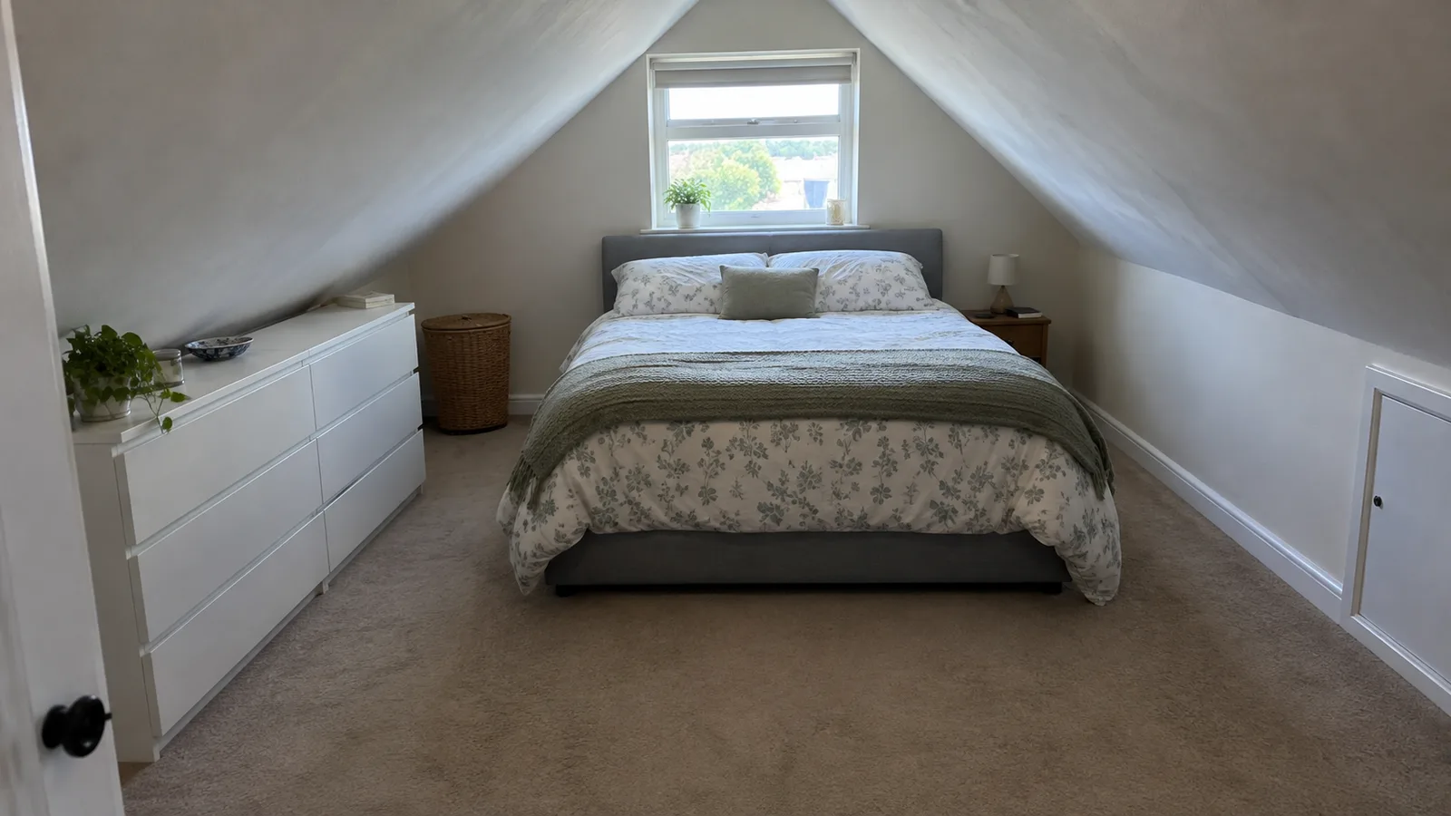 An attic bedroom with a low white dresser under the sloped ceiling and a bed against the gable wall