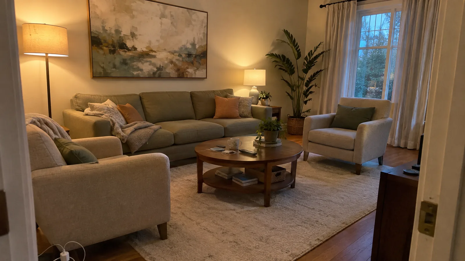 Evening living room with a sage sofa and two armchairs around a round coffee table on a large rug, lit by a floor lamp and a table lamp, with a large landscape painting above the sofa