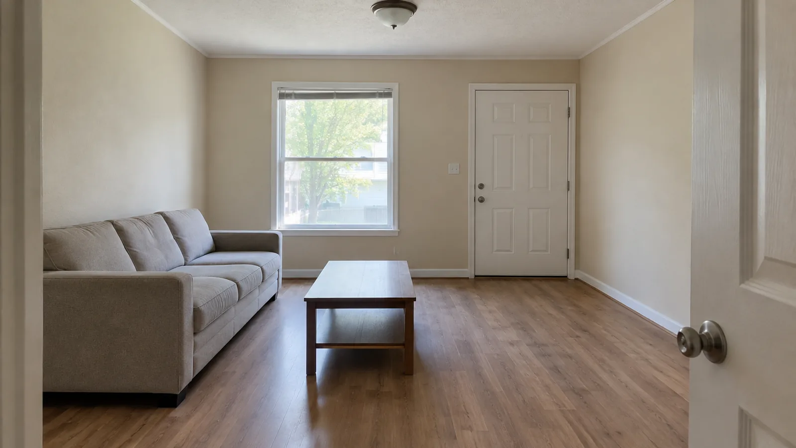 An ordinary unstyled living room photographed straight on, the base image used for every style prompt