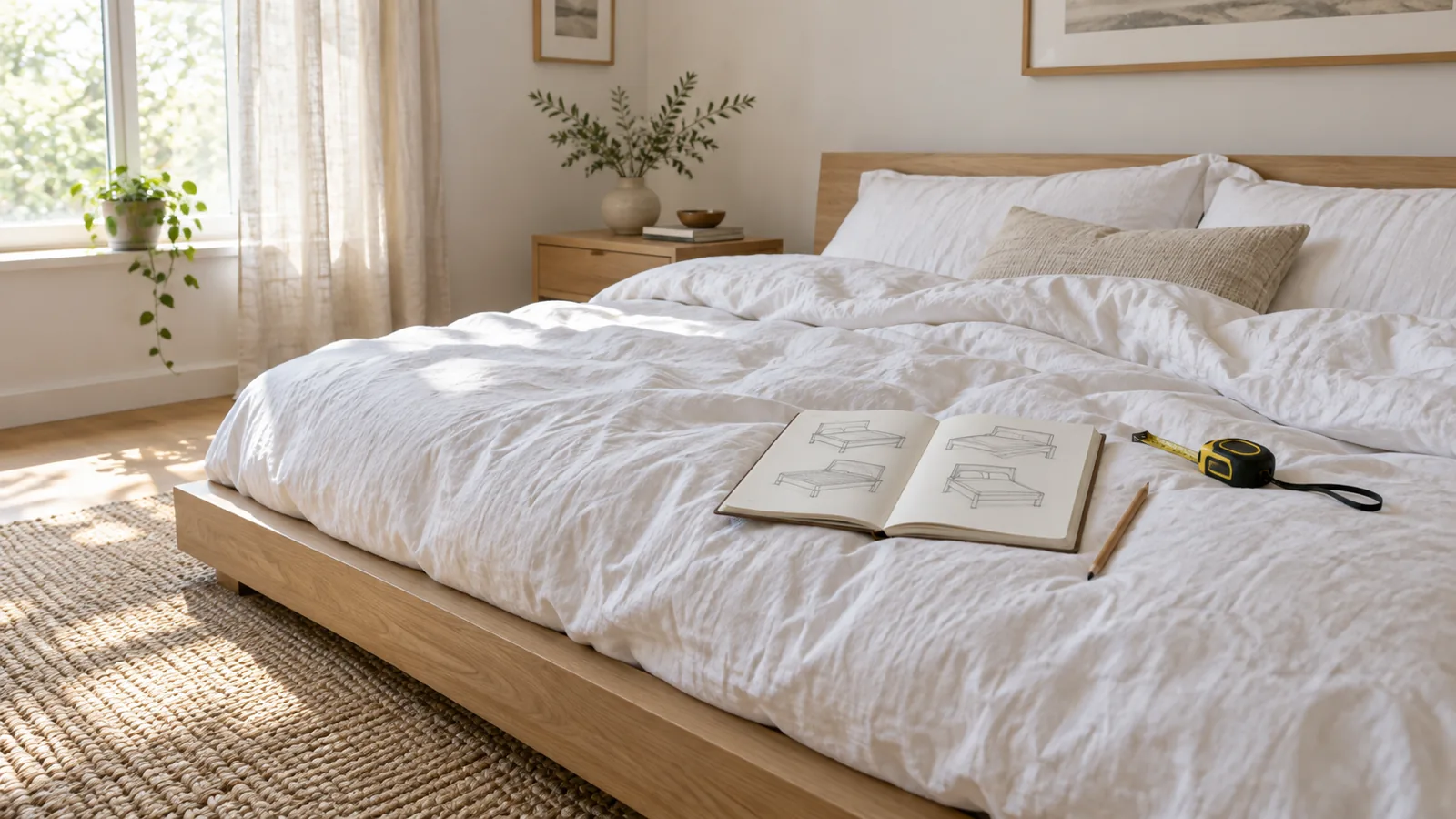 Low oak platform bed with white linen bedding, an open notebook of bed frame sketches, and a tape measure on the duvet