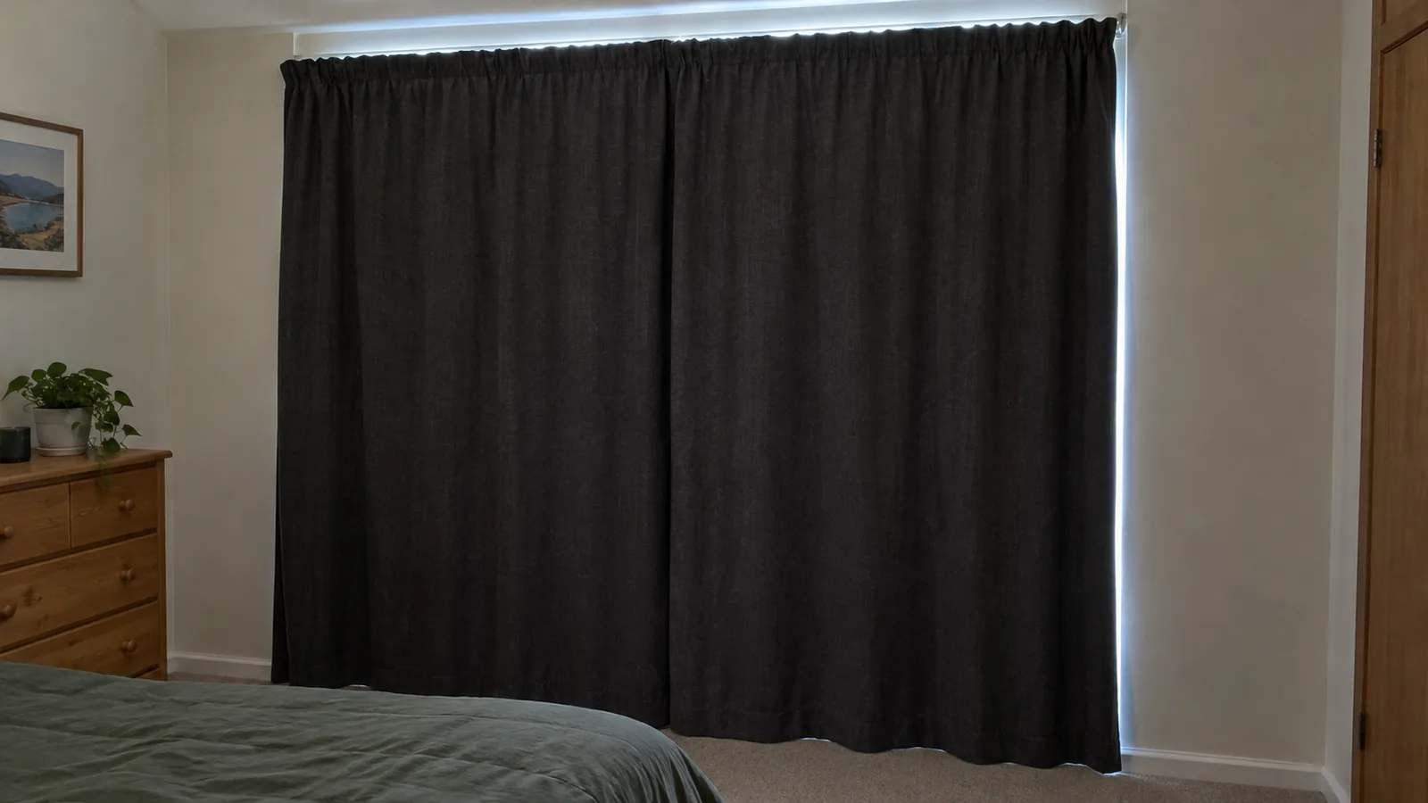 Closed dark bedroom curtains with daylight visible above the heading and along the right edge