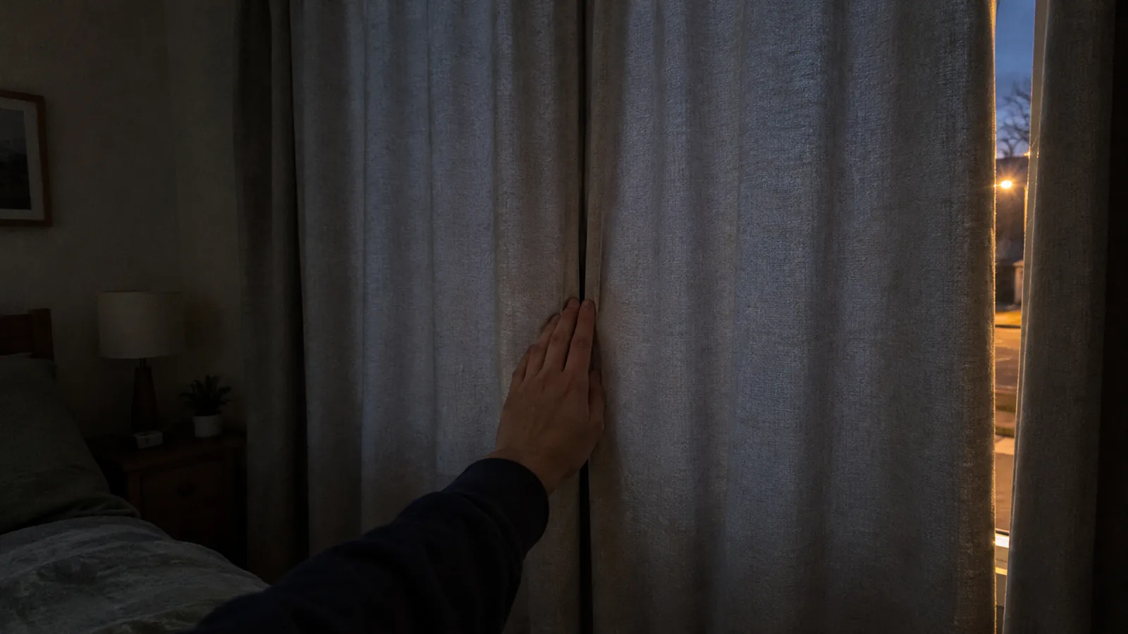 Hand checking the centre join of bedroom curtains while streetlight is visible at a side gap