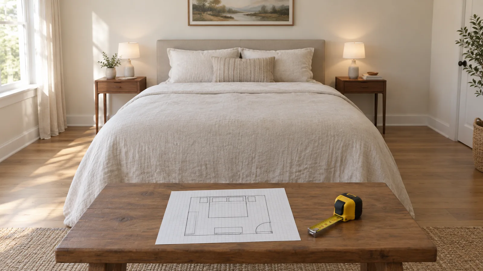 Queen bed with linen bedding between two walnut nightstands, with a pencil floor plan sketch and a tape measure on a wooden bench at the foot of the bed