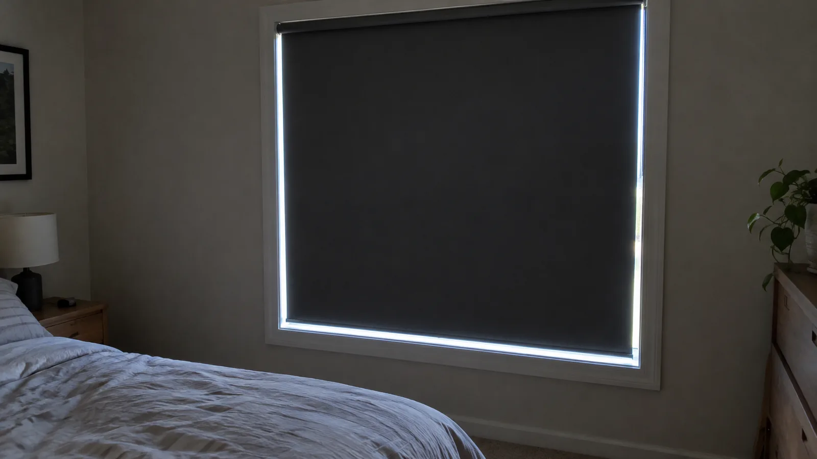 A bedroom window with a dark roller shade pulled down inside the frame and bright daylight visible as a thin line along the sides and bottom