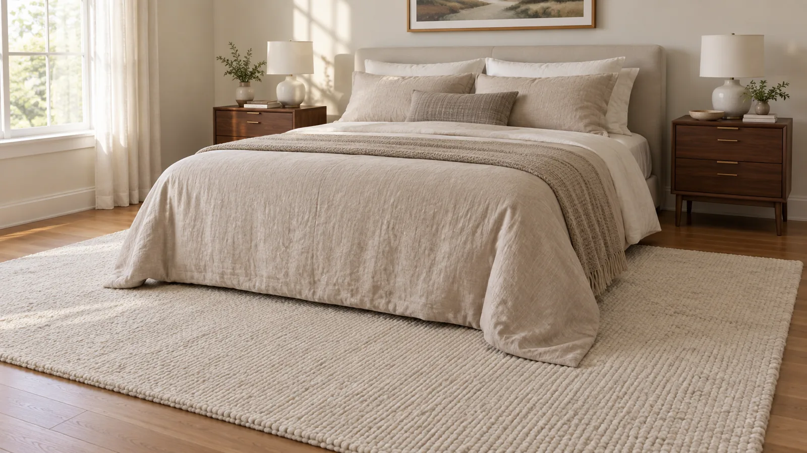 Bedroom with a queen bed and linen bedding on a large textured rug that starts just in front of the nightstands and extends well past the foot of the bed