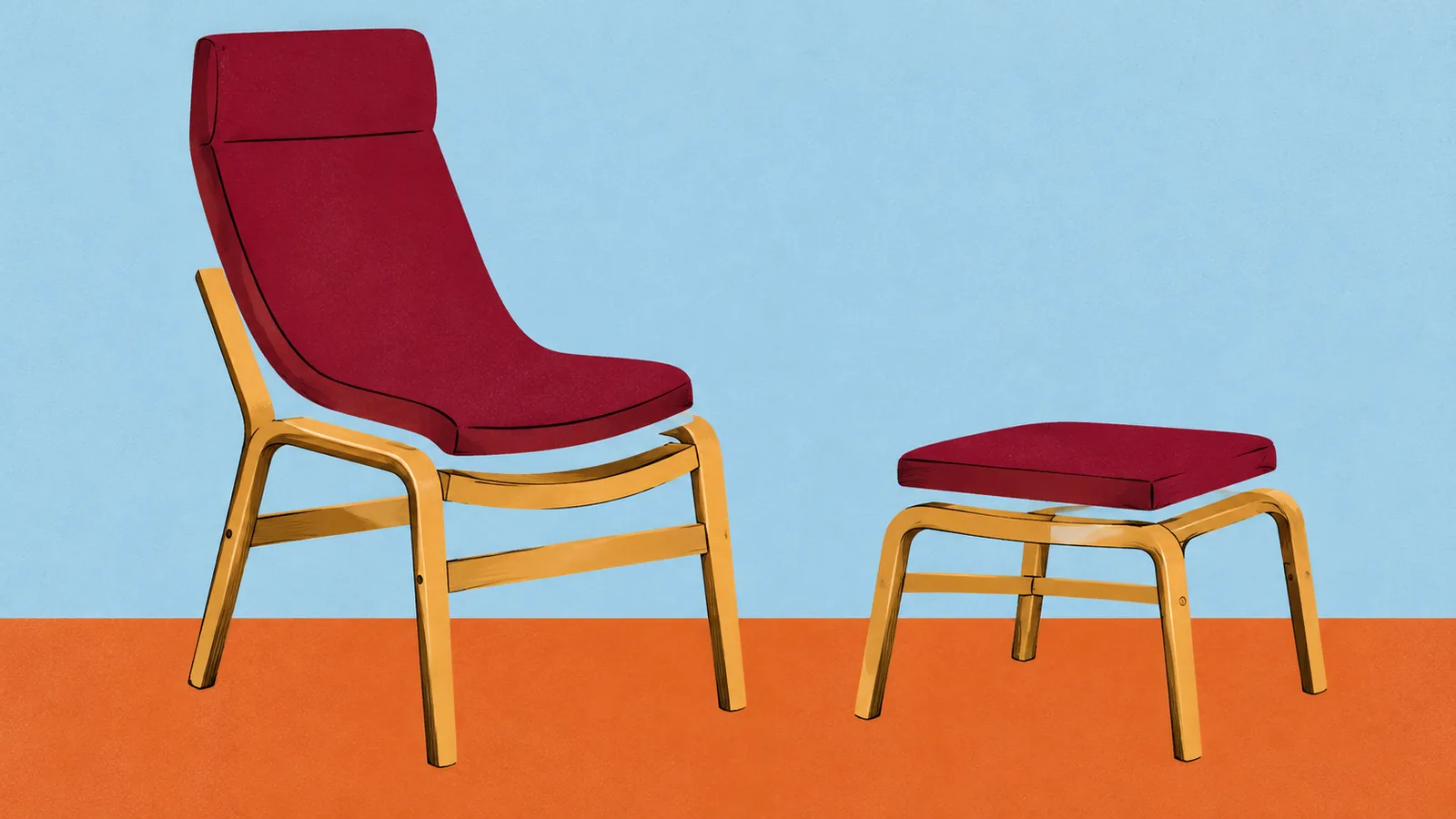 Illustrated long burgundy lounge-chair cushion lifted above its frame beside a shorter ottoman cushion