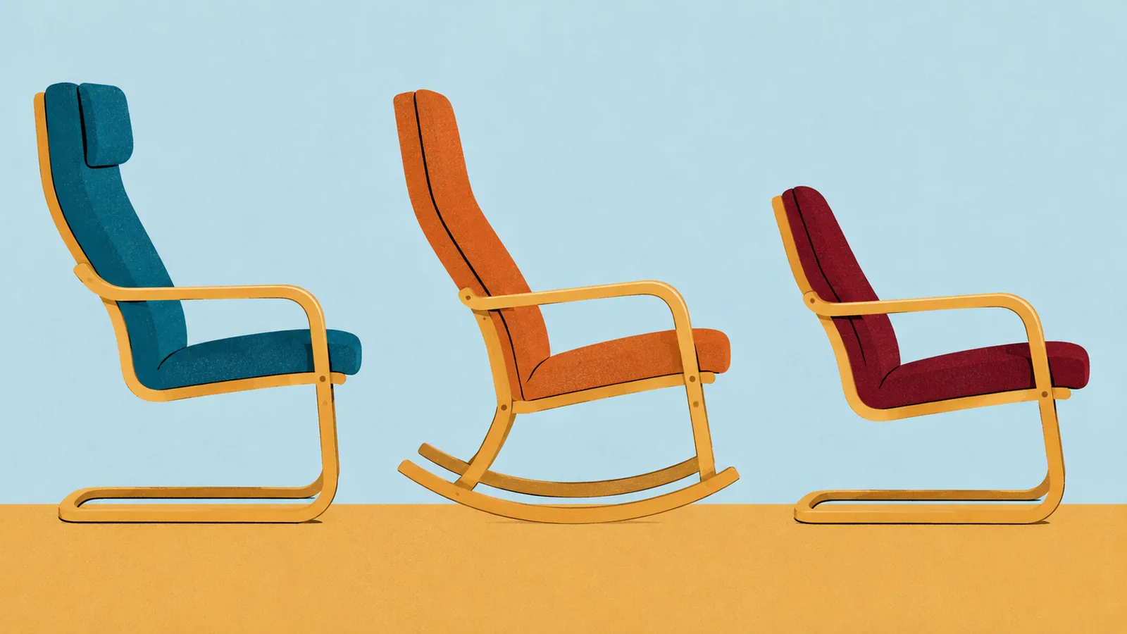 Illustrated high-back static, rocking and low-back bentwood chairs with distinct bases and backs