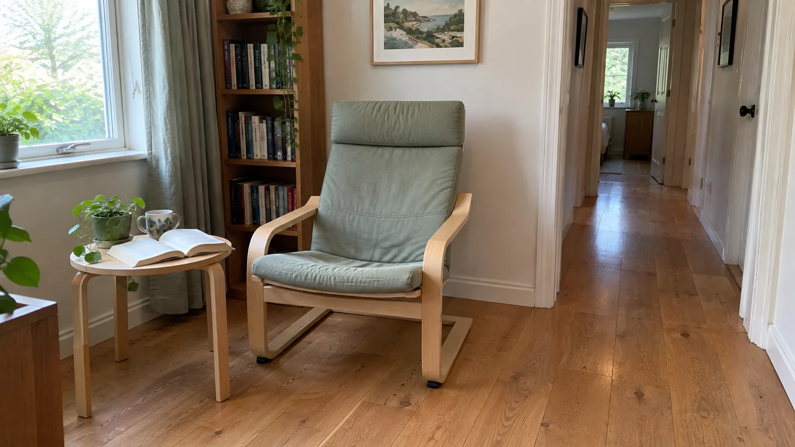 Pale bentwood chair and book table beside a clear wooden-floor route to an interior doorway