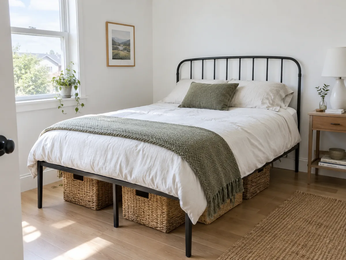Black metal bed frame with a simple spindle headboard in a bright small bedroom
