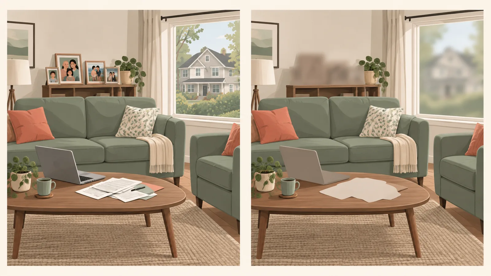 The same room photo shown twice, with family pictures, a laptop screen, paperwork, and the view through a window blurred in the second version