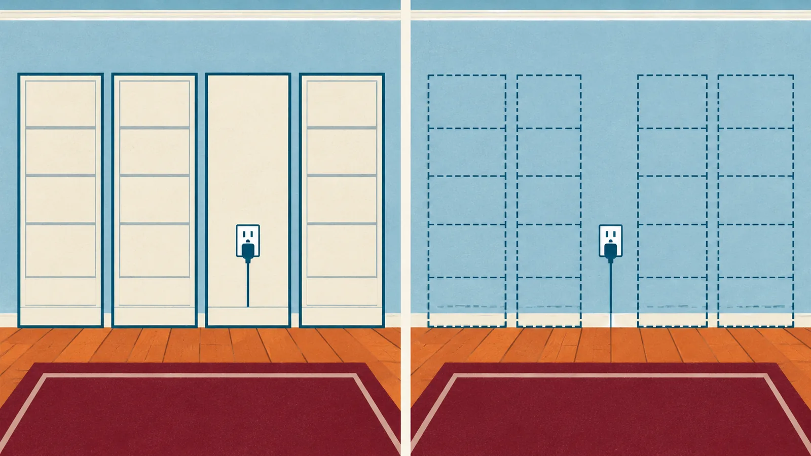 Two-panel illustration comparing a socket blocked by planned bookcases with a rearranged layout that leaves an accessible wall bay