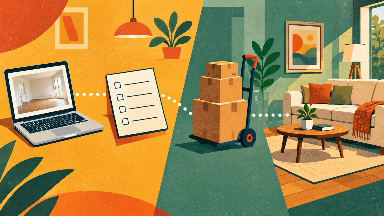 An illustration of a dotted path from a laptop showing an empty room, to a printed checklist, to stacked delivery boxes on a hand truck, to a finished furnished living room