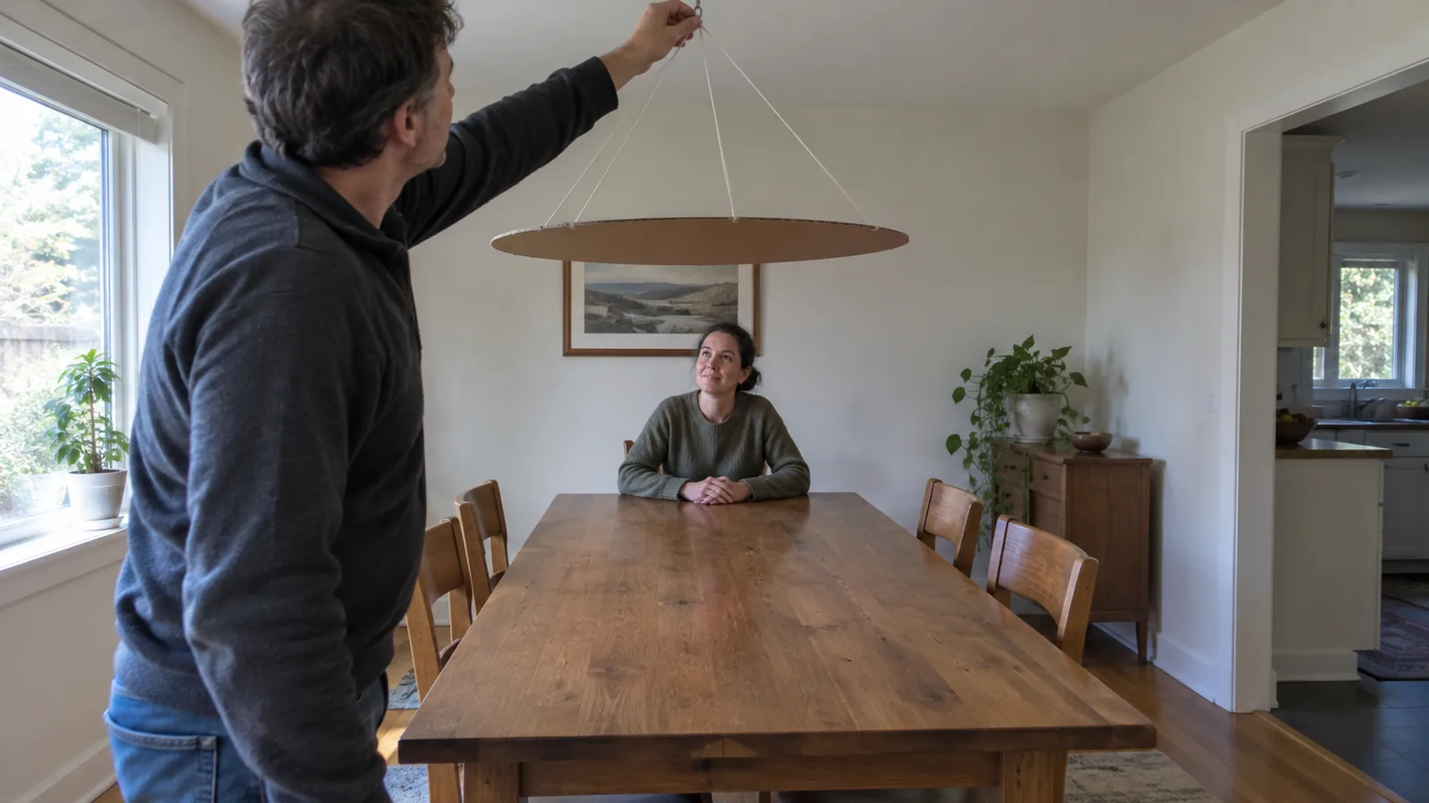 Cardboard disc narrower than a dining table hung horizontally above it on strings held up to the ceiling, with a seated person checking the view beneath it