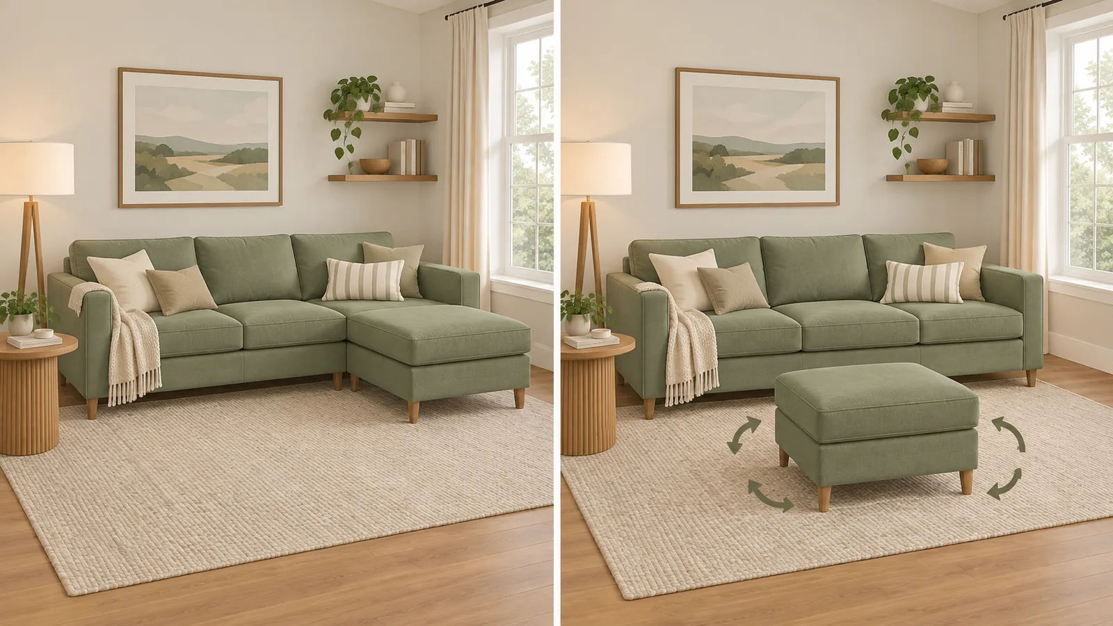 Illustration of the same living room furnished two ways: a sage sofa with a chaise on one end, and a straight sofa with a square ottoman that can move