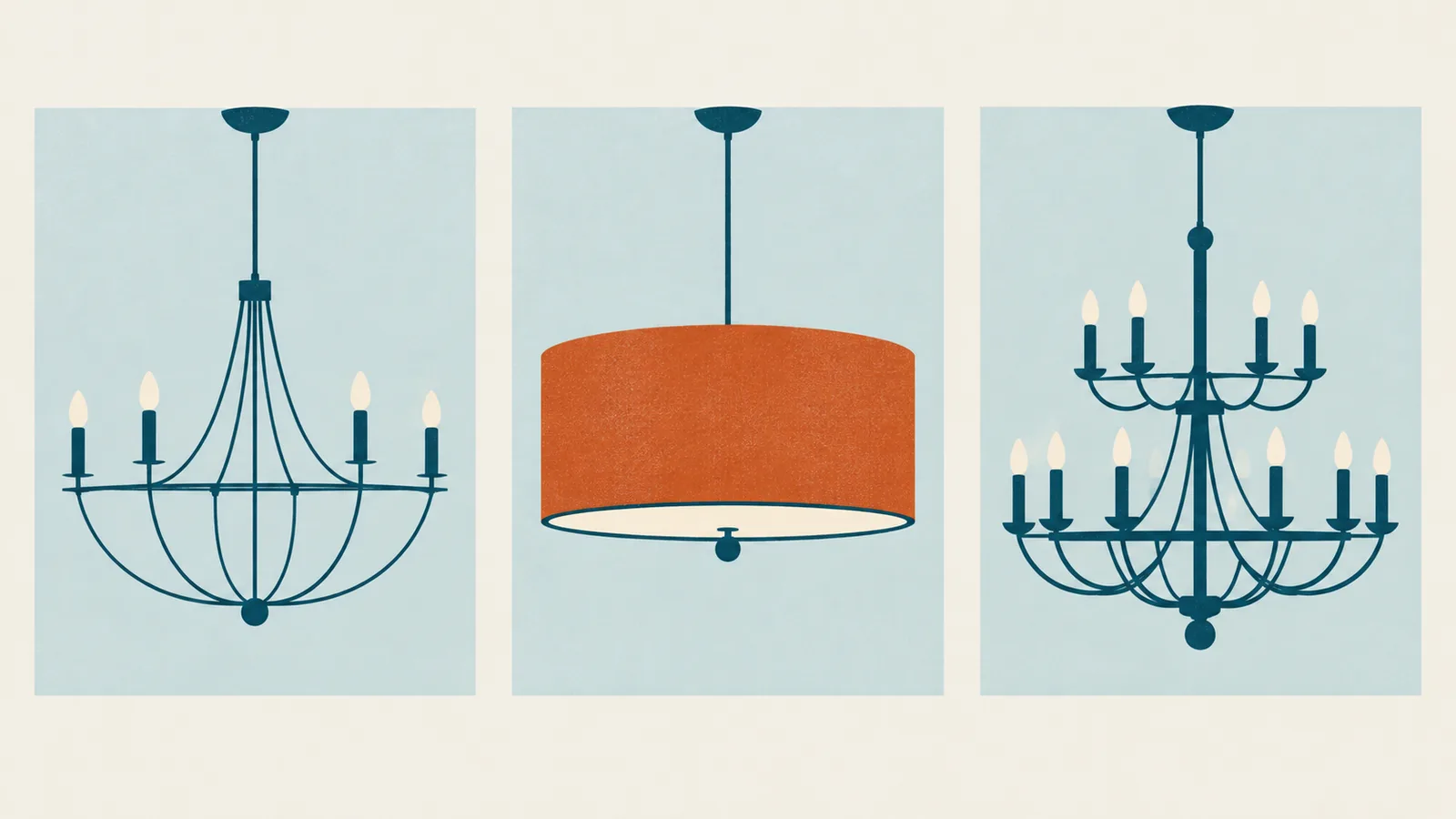 Illustration of three chandeliers of the same width side by side: an open wire frame, a solid fabric drum and a two-tier fixture, each with a different visual weight