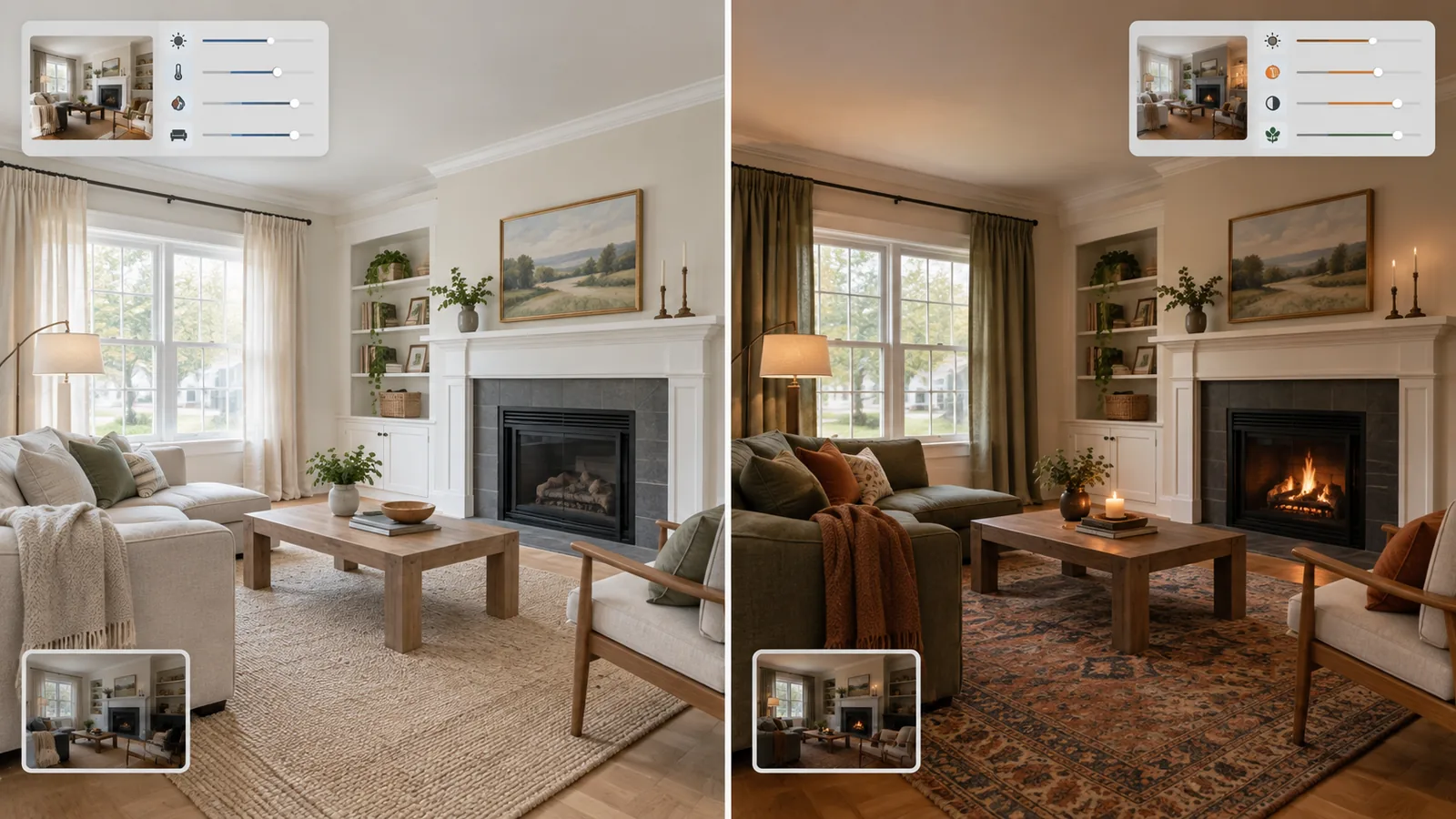 The same living room shown as a bright neutral design and a darker traditional redesign with floating editing controls