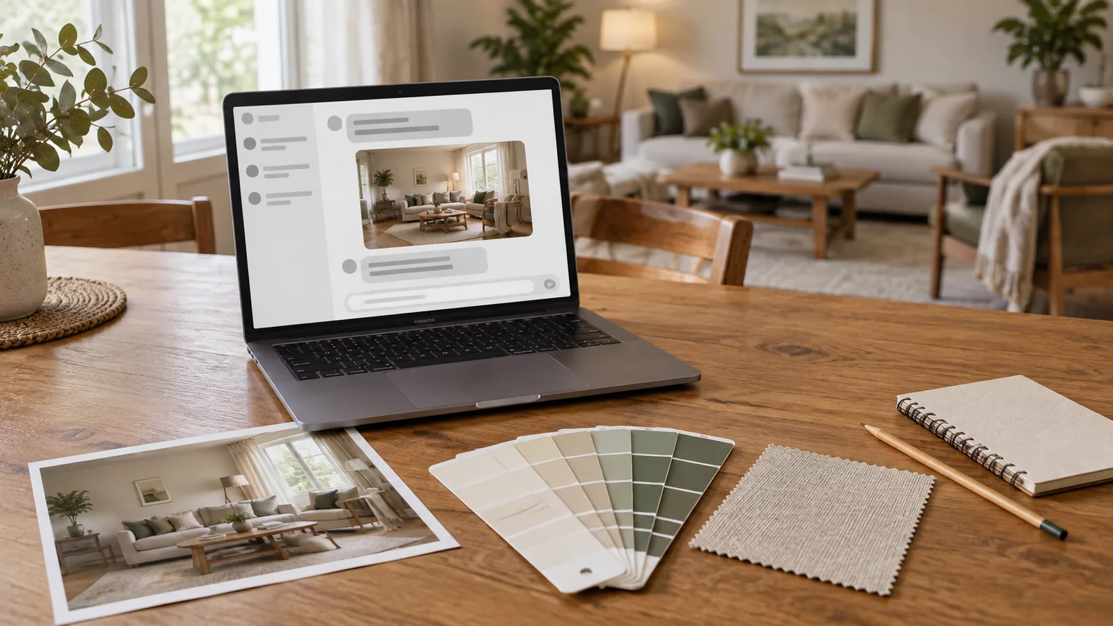 Laptop on a dining table showing a room photo in a chat layout, beside a printed room photo, paint sample cards, a fabric swatch, and a notebook