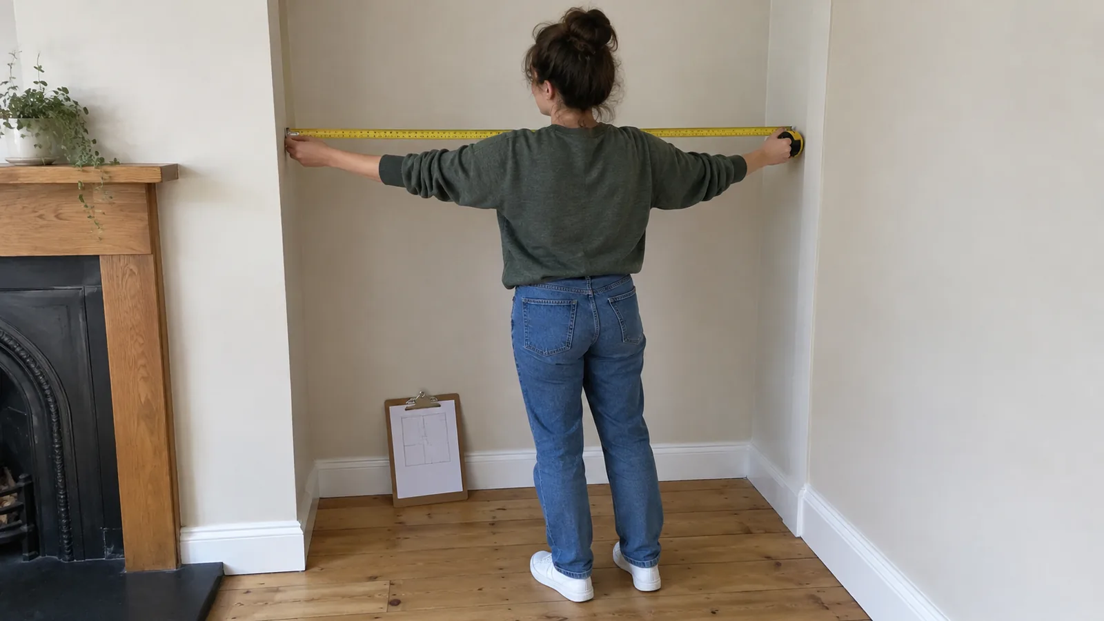 Person standing inside a living room alcove holding a tape measure level between its two side walls, with a one-page brief on a clipboard against the skirting