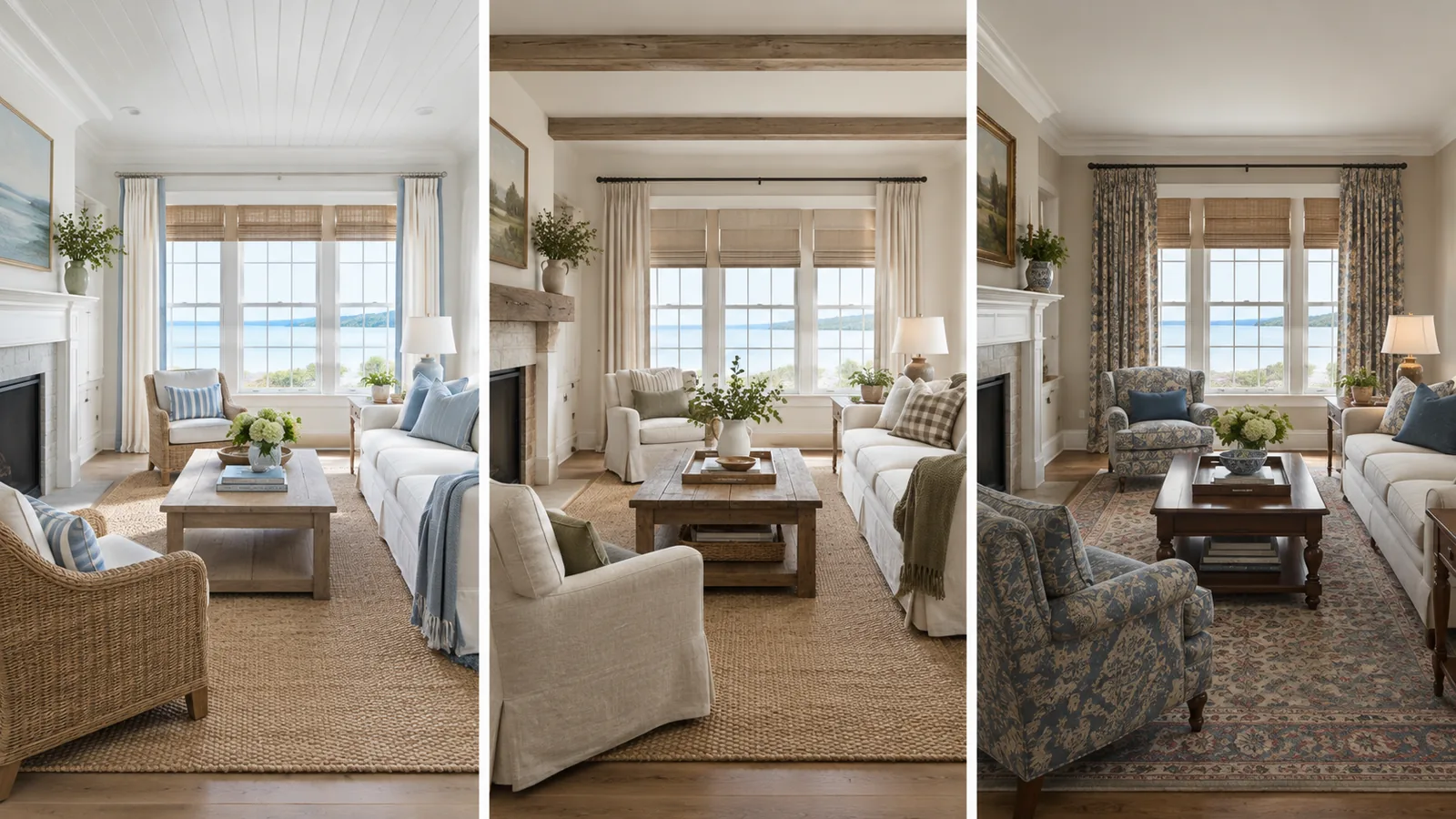 Three bright living rooms with airy coastal furniture, restrained farmhouse details, and layered traditional upholstery