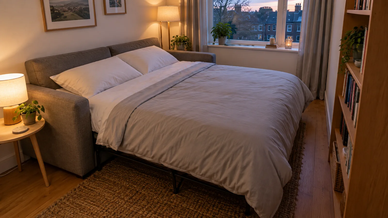 Grey sofa bed opened into a made-up double bed in a small living room, between a lamp on a side table and a bookcase