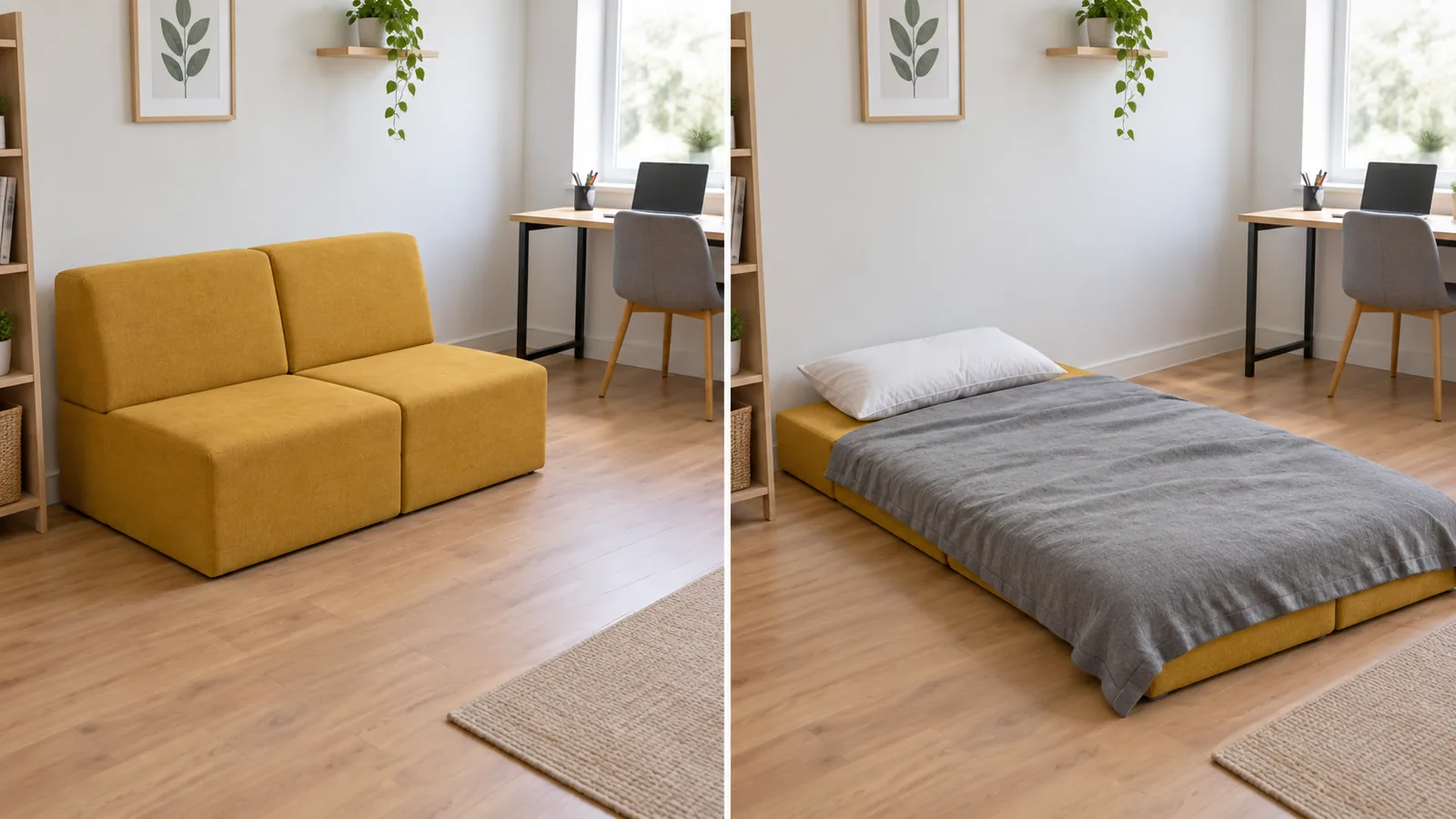 Split view of a small home office: a mustard two-seat sofa against the wall on the left, and the same sofa unfolded into a low mattress on the floor with a pillow and grey blanket on the right
