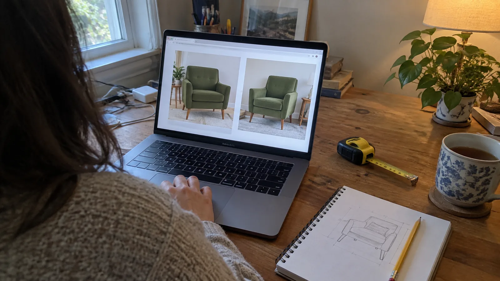 Person at a desk comparing two photos of the same armchair listing side by side on a laptop, with a tape measure and a notepad beside it