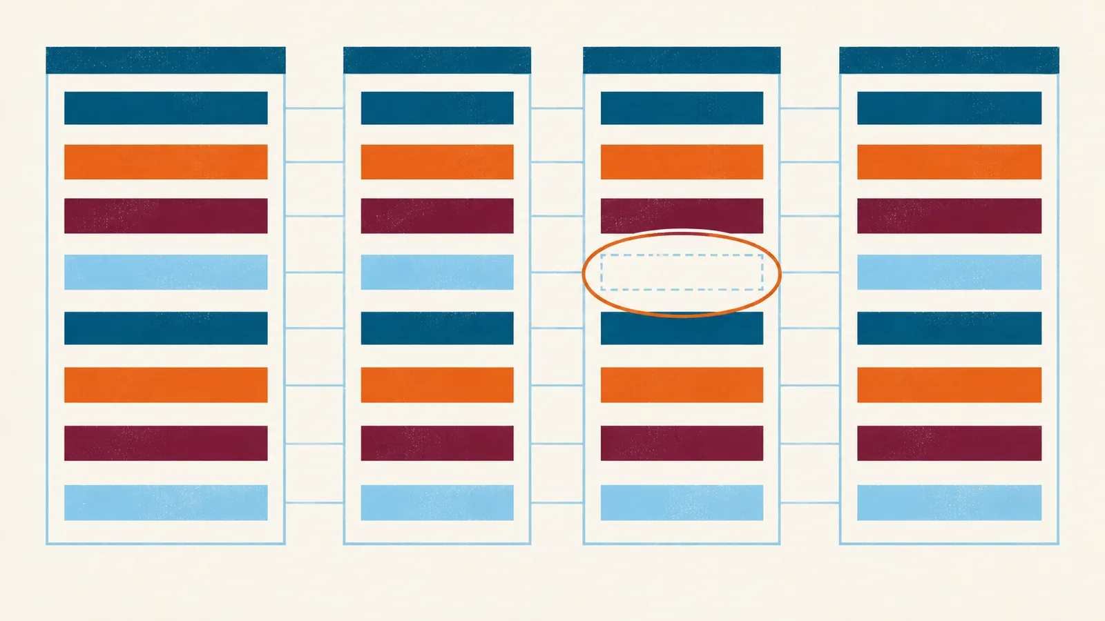 Illustration of a scope list beside three contractor quotes with matching rows, where one quote has an empty row highlighted as a missing line