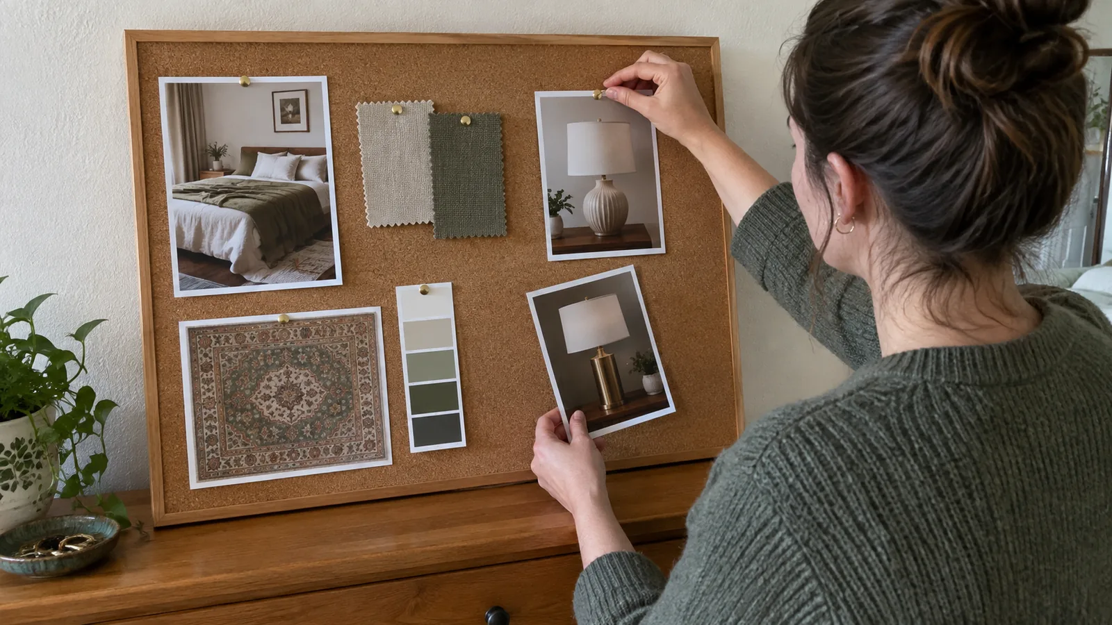 Person pinning one lamp photo to a cork mood board on a bedroom dresser while holding a second lamp option in the other hand