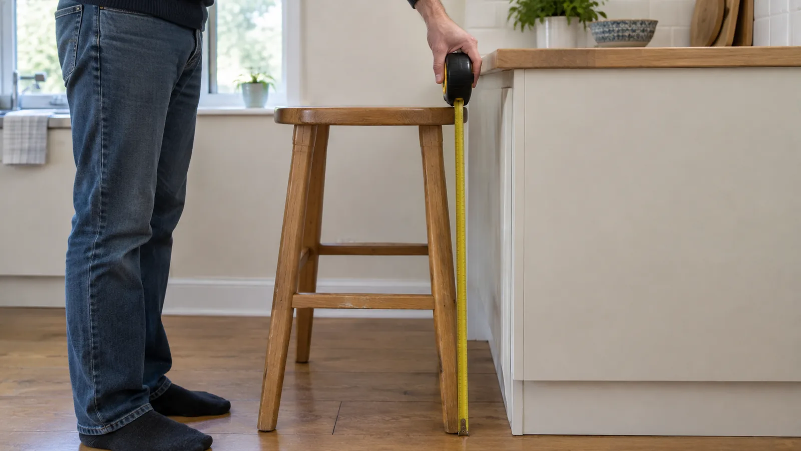 Resident holding a vertical tape from the floor to the top of a backless stool seat beside a kitchen counter