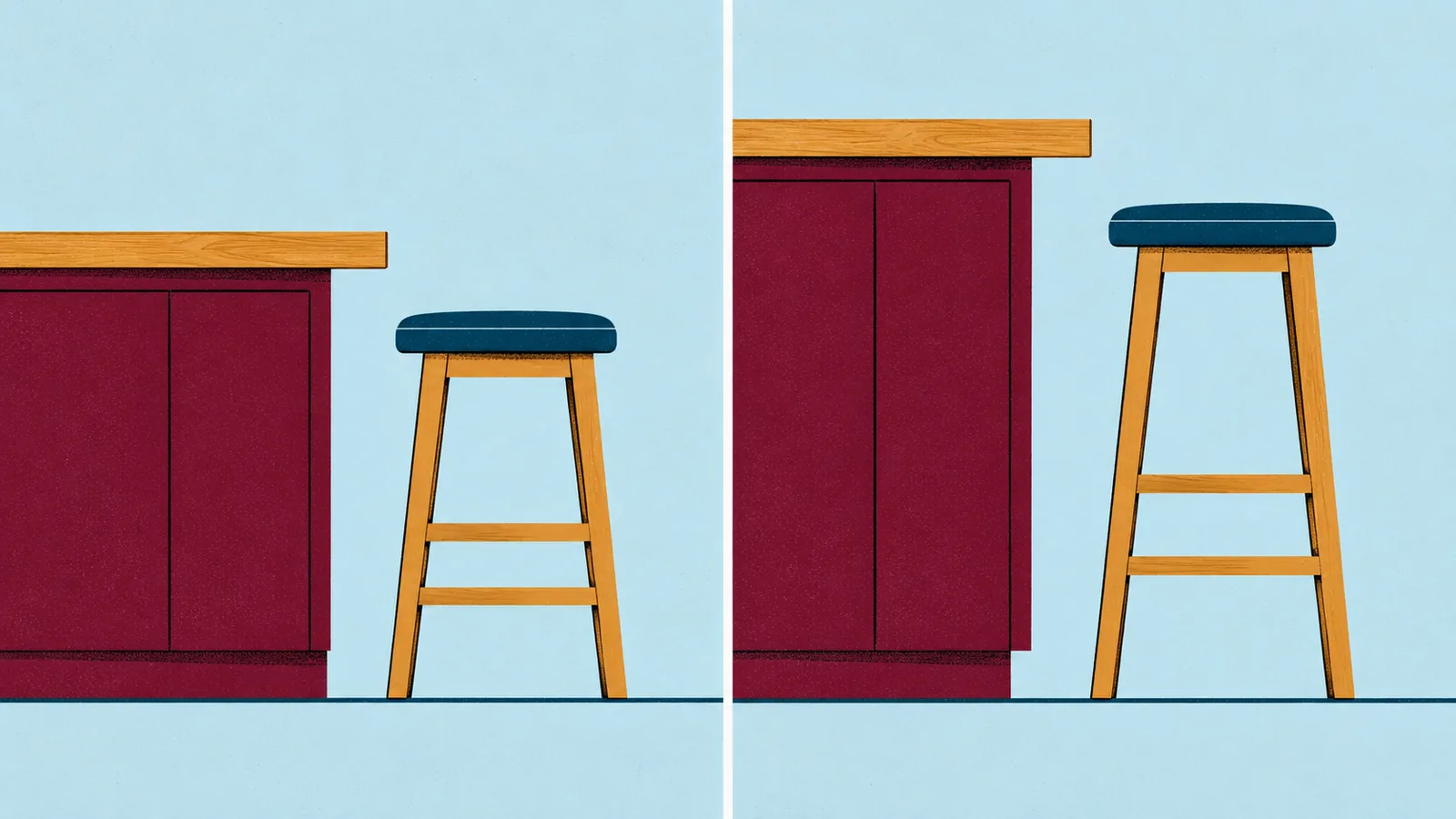 Illustrated lower counter and stool beside a higher bar and stool, aligned along their floors