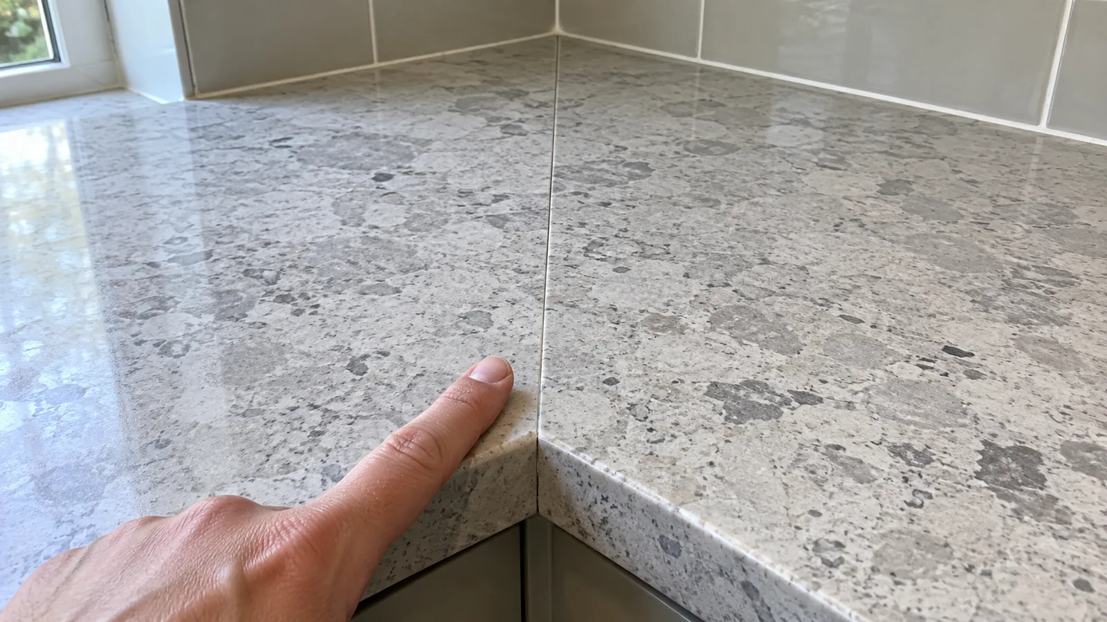Fingertip beside a countertop seam running from backsplash to front edge, with the adjoining slab patterns visible