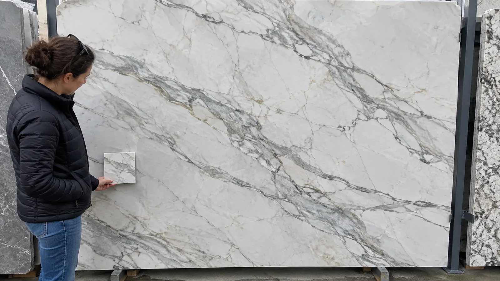 Visitor holding a small sample beside a full stone slab with a continuous large-scale vein pattern
